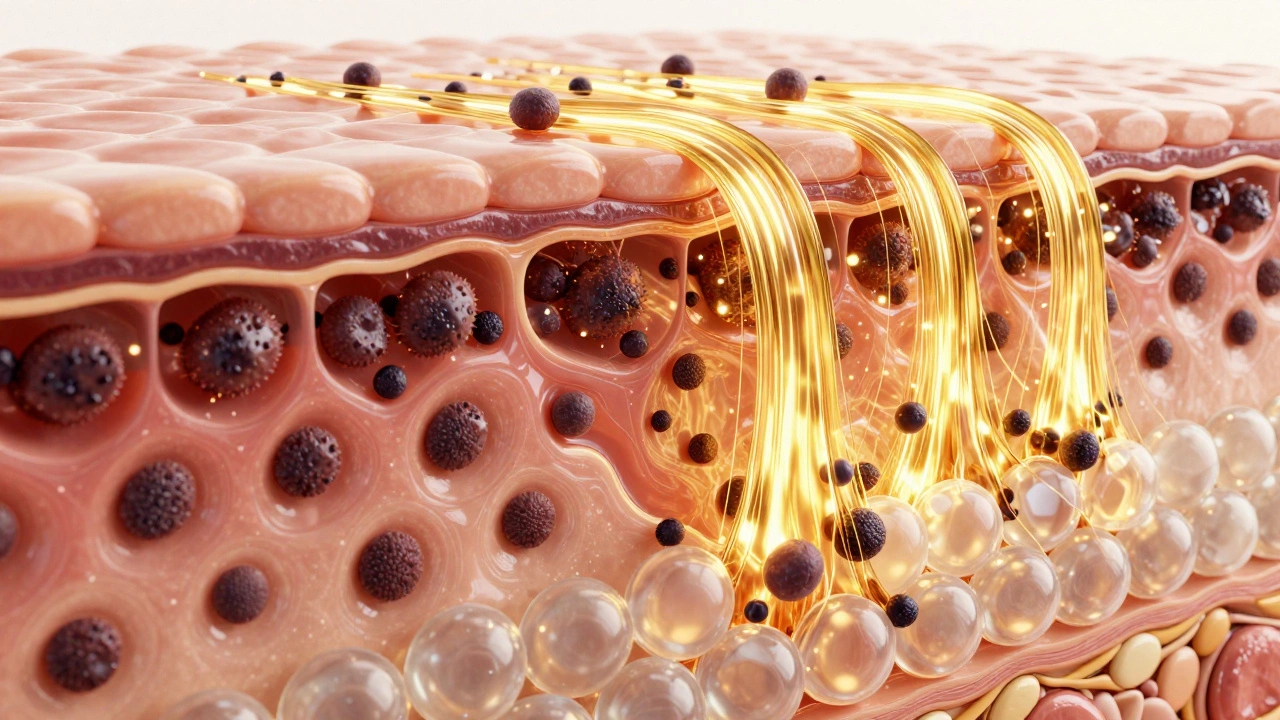 Схематичное изображение обновления клеток кожи и выведения пигмента под влиянием витамина Д
