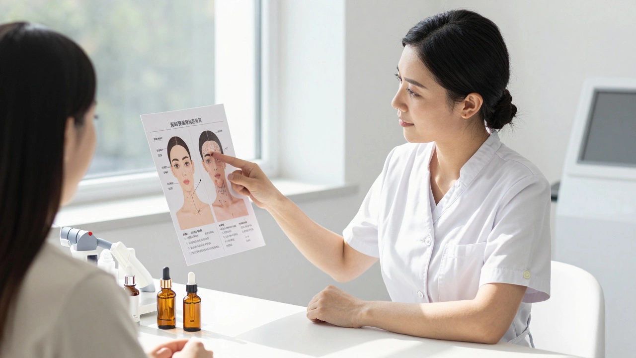 Специалист по эстетике подбирает домашний уход за кожей для клиента в клинике