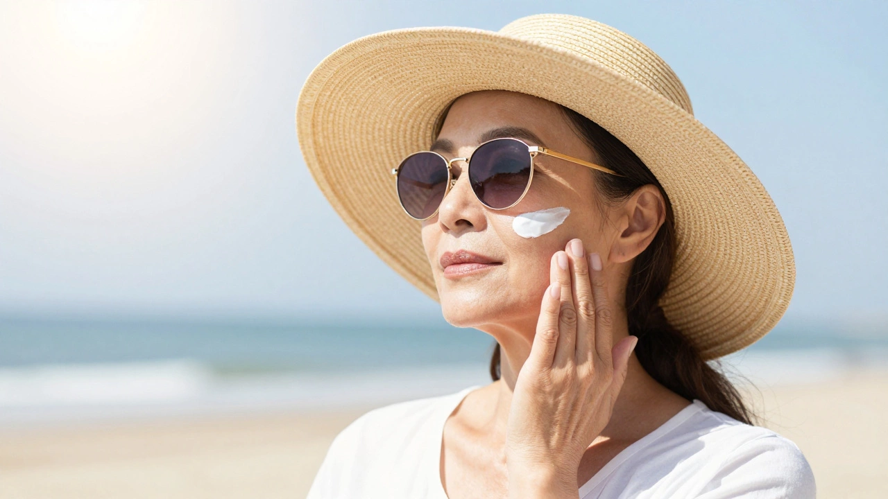Женщина в шляпе наносит солнцезащитный крем для защиты кожи после лазерной процедуры