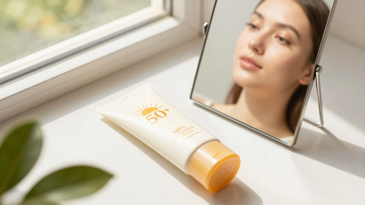 Крем с SPF и зеркало на фоне солнечного света
