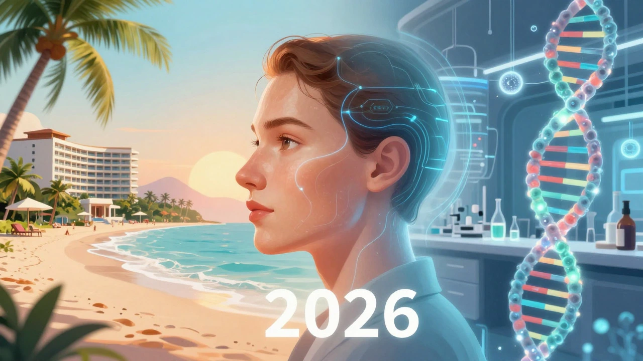 Концептуальное изображение трендов косметологии 2026: биохаккинг и медицинский туризм