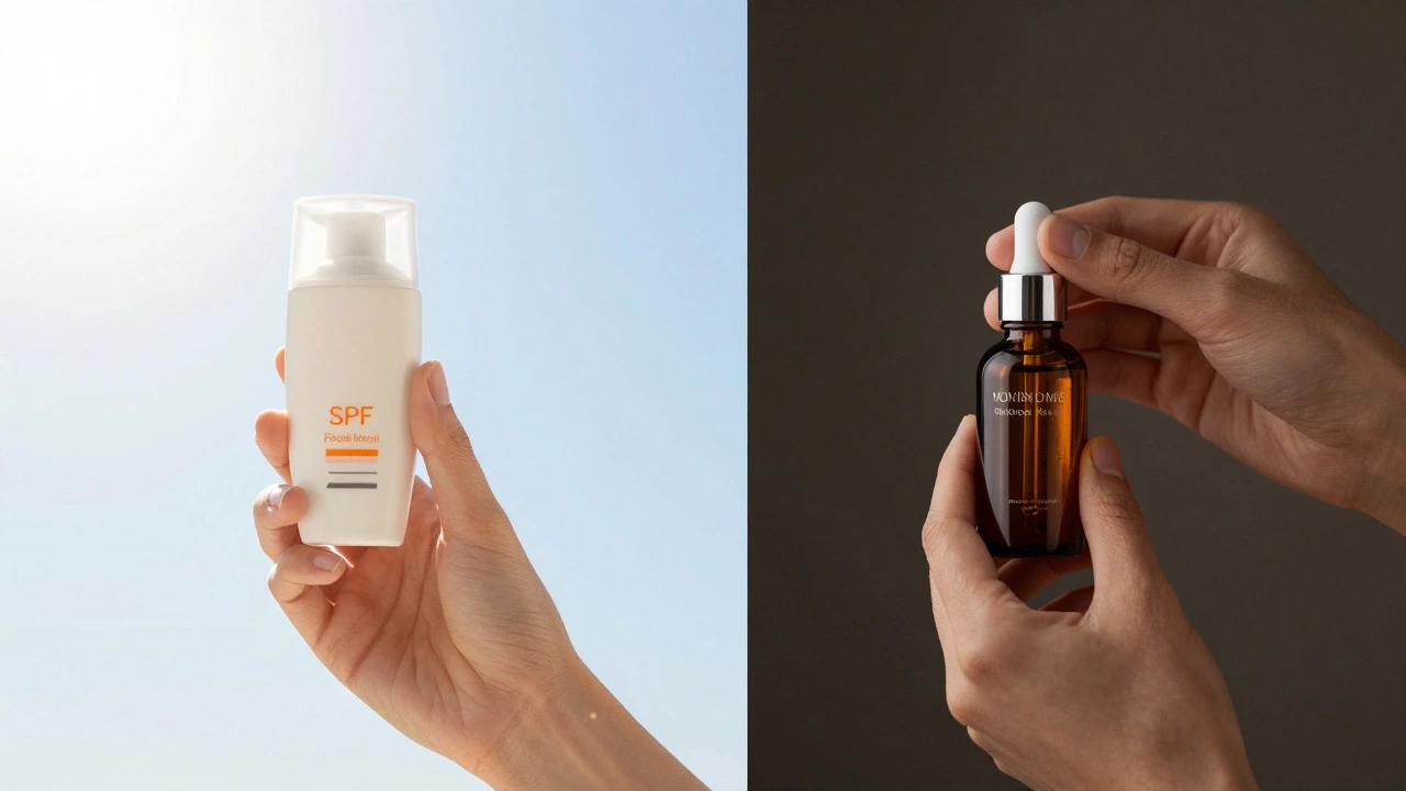 Рука наносит крем с SPF днем и сыворотку вечером для ухода за кожей